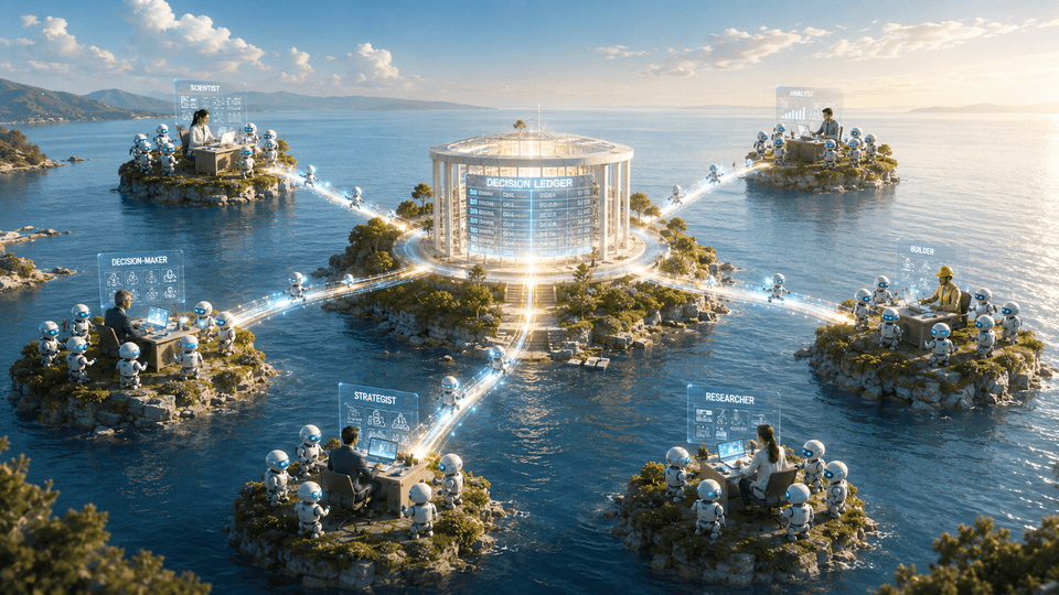A wide cinematic editorial sci-fi illustration set on Earth in bright natural daylight, a calm sunlit sea under a clear blue sky, composed as hub and spoke. Scattered across the water sit several small green islands. At the center, a larger central island holds a single radiant hub of light, a shared place where all knowledge and decisions gather, a bright pavilion with an ordered ledger-line running through it where decision entries sit as linked nodes on a timeline. On each of the smaller surrounding islands one single person of a different role, a scientist, an analyst, a decision-maker, a builder, sits at a desk surrounded by many small pale-blue ceramic humanoid AI bots, each with a single glowing cyan visor, working alongside them, so each person has their own little crowd of agents. From each island a bright bridge of light reaches across the water to the central island, joining the once-separate islands, each with its own cluster of agents, to the same shared center, and a few bots travel the bridges carrying knowledge into the central record. Warm golden sunlight and soft daylight fill the scene with a hopeful, connected atmosphere. The dominant feeling is many separate people, each surrounded by their own agents, linked across the water through one central place where all their knowledge comes together as a single record.