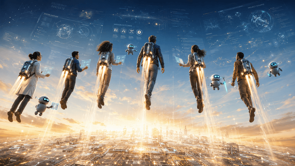 A wide cinematic editorial sci-fi illustration of a bright dawn scene. People from many roles, a scientist in a lab coat, an analyst, a team lead, and a maker, rise together on personal jetpacks from a broad glowing launchpad built of translucent circuitry and geometric building-block components. Everyone ascends side by side at the same height, a cohesive team leaving the ground at once, with small pale-blue ceramic AI bots flying alongside them. Warm gold light on the horizon fades to deep navy above, where faint holographic dashboards glow like destinations.